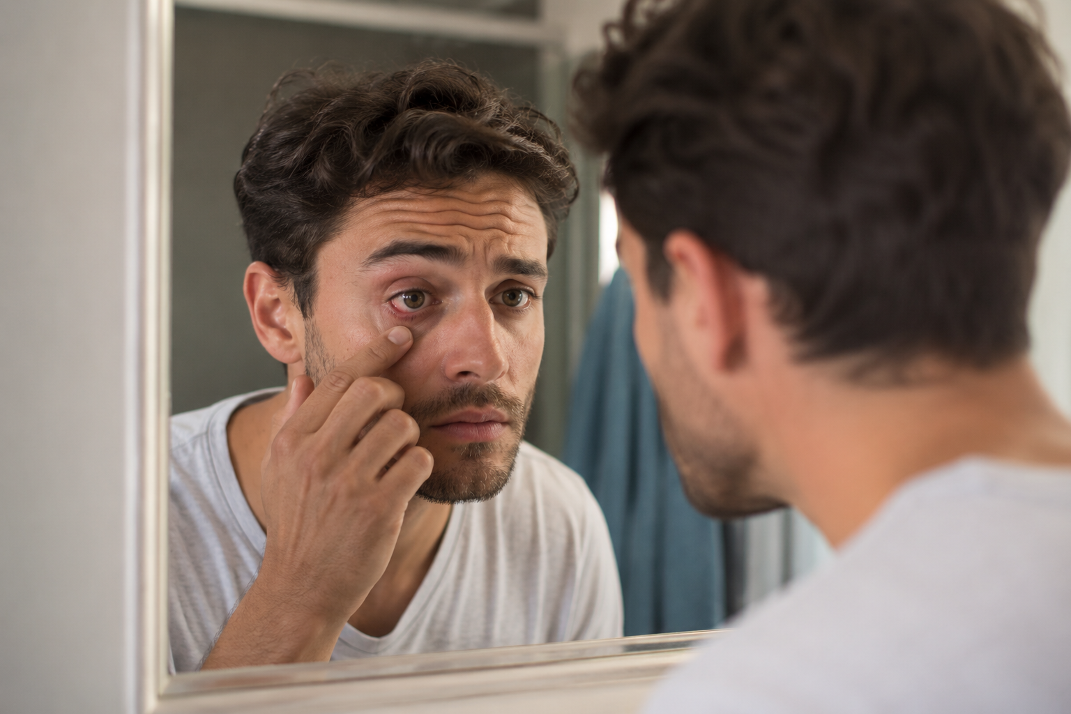Persona mirando su párpado con preocupación